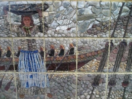 The seller of fish is shown against the Royal Barge. I drew this from the beautiful original in the Maritime Museum at Greenwich, from whence came several of the details in the mural. - click to enlarge The seller of fish is shown against the Royal Barge. I drew this from the beautiful original in the Maritime Museum at Greenwich, from whence came several of the details in the mural.