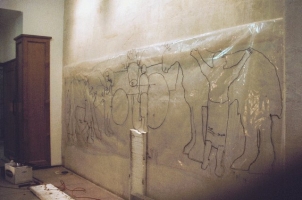 An outline of the mural was created in Shires Yard so that Phillipa & Kennedy could get the right scaling and proportions.