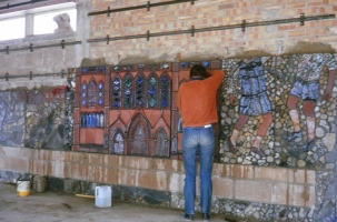 Blocks containing Ripon Cathedral and children playing are fixed to the wall. Radiators will eventually be placed over the blank areas beneath. - click to enlarge Blocks containing Ripon Cathedral and children playing are fixed to the wall. Radiators will eventually be placed over the blank areas beneath.