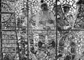 Pit head winding gear leads into a scene representing the mining industry which was still flourishing in the 1960s. A miner with kneecaps and a headlamp stands between two bandsmen from a colliery brass band. All these figures were based on photos and drawings that I made in the area whilst researching the mural. - click to enlarge Pit head winding gear leads into a scene representing the mining industry which was still flourishing in the 1960s. A miner with kneecaps and a headlamp stands between two bandsmen from a colliery brass band. All these figures were based on photos and drawings that I made in the area whilst researching the mural.