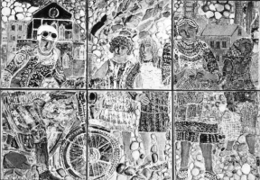 The motorcyclist in studded jacket leans on his bike in front of a chapel. Two mill girls stand admiringly beside him together with two older women – one knitting and the other carrying a shopping bag. - click to enlarge The motorcyclist in studded jacket leans on his bike in front of a chapel. Two mill girls stand admiringly beside him together with two older women – one knitting and the other carrying a shopping bag.