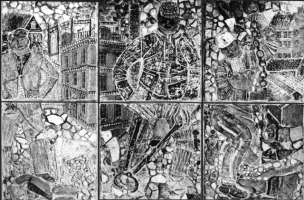 The husband of the shopping lady appears to the left, and he has a racing greyhound beside him. Behind the couple are buildings with gasworks, a pub and factory chimneys. A steel worker wears goggles and carries the great pincers used for lifting red hot metal. Another worker, in helmet and gaiters, carries a heavy chain. - click to enlarge The husband of the shopping lady appears to the left, and he has a racing greyhound beside him. Behind the couple are buildings with gasworks, a pub and factory chimneys. A steel worker wears goggles and carries the great pincers used for lifting red hot metal. Another worker, in helmet and gaiters, carries a heavy chain.