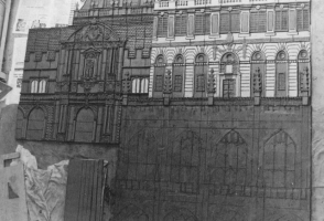 In the early days we made our murals on the ground, with hessian between the raw clay and the cement floor surface.  Here the cathedral at the lower right is only drawn on the surface whilst in other areas the clay has been modelled and textured.