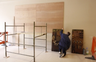 Measuring up to put mural on the boards already fixed to the wall. - click to enlarge Measuring up to put mural on the boards already fixed to the wall.
