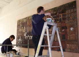 Philippa and Daniel doing filling over the screw heads and cleaning off the excess - click to enlarge Philippa and Daniel doing filling over the screw heads and cleaning off the excess