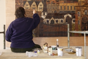 Philippa doing some last minute staining and painting - click to enlarge Philippa doing some last minute staining and painting