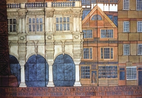 The still existing Guildhall with eighteen century housing.  I worked from engravings of contemporary buildings in Exeter because few of the original buildings remain.